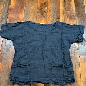Francesca Bettini 100% Linen Short Sleeve Top Navy Blue Size L Made in Italy